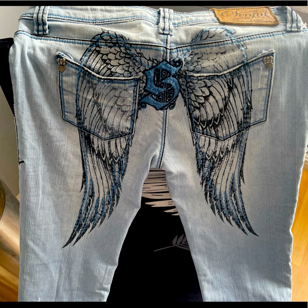 Rare! Sinful Affliction angel wing jeans